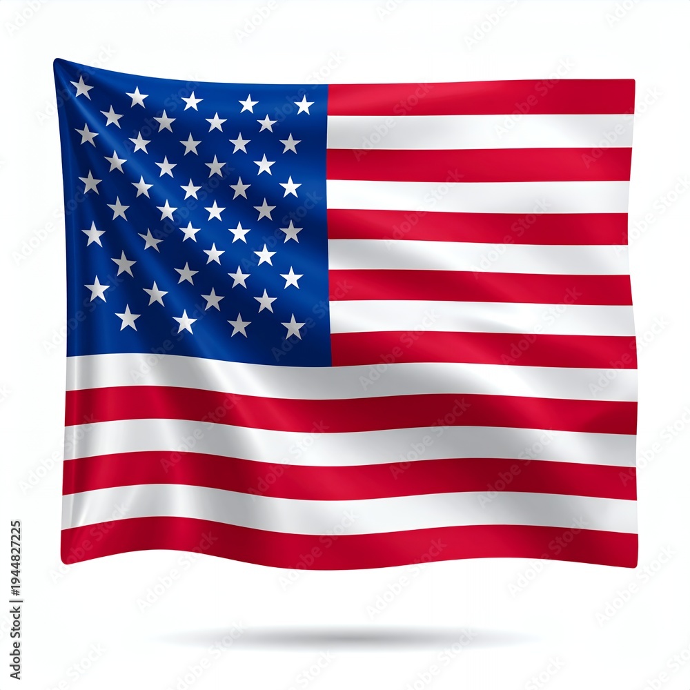 Fototapeta premium Waving American Flag on White Background Representing Patriotism and National Identity.