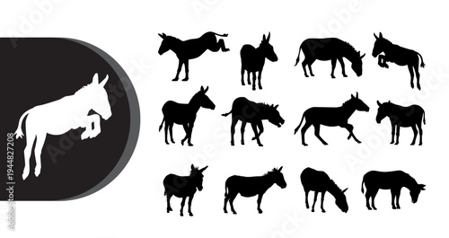 A collection of donkey silhouettes in various poses on a white background