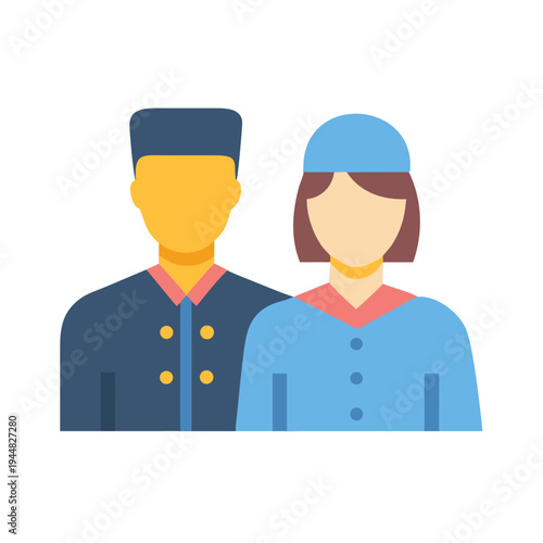 Flat icon illustration of a hotel bellhop and maid in uniform