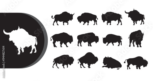 A collection of bison silhouettes in various poses on a white background