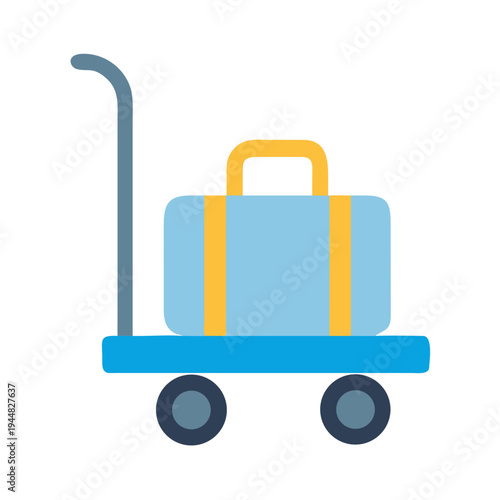 Stylized image of a light blue suitcase on a luggage cart against black background