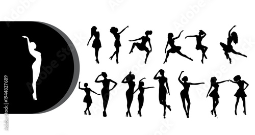 A collection of elegant ballerina silhouettes in various dance poses on a white background