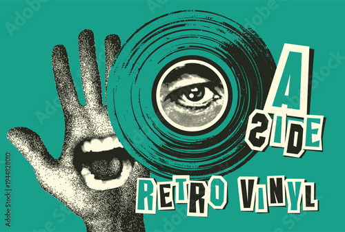 Vector banner or signboard for vinyl record store or retro music cafe menu with vinyl record, hand, human eye, mouth and Vinyl Cafe inscription in vintage style.