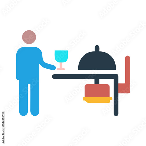 Flat icon style illustration of service at a restaurant with food and drink