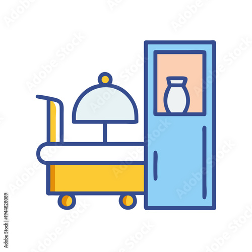 Hotel room service cart with covered dish and displayed vase illustration