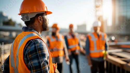 Wide bright of an African American construction team from behind at an active California construction project, all in matching safety attire actively working on the site