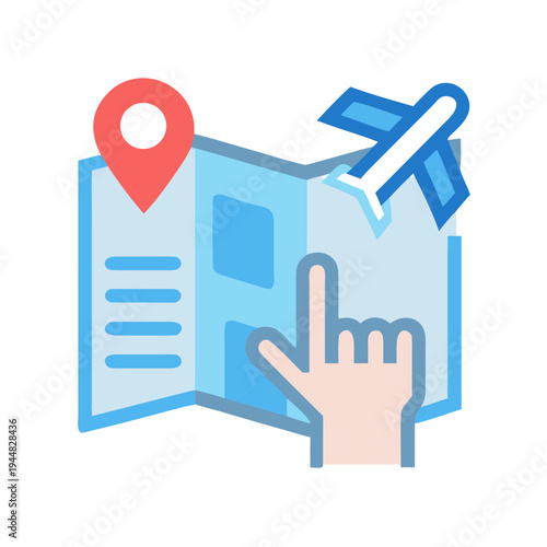 Planning a trip with map, plane, and destination pin on dark background