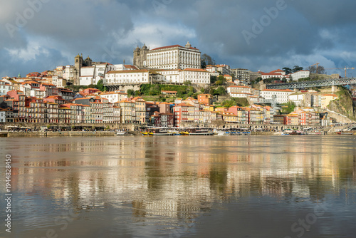 Skyline in Porto, Portugal. View toward the Bairro da Ribeira district, Porto Cathedral (Se do Porto) and the Episcopal Palace of Porto.