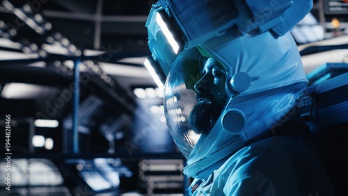 Quadro em tela Exhausted astronaut falling asleep in starship during long distance planetary mission