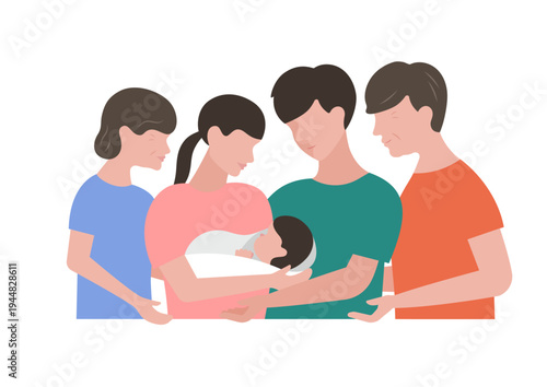 赤ちゃんを囲む家族のベクターイラスト素材