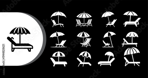 A collection of white and black icons featuring lounge chairs and umbrellas on a solid black background
