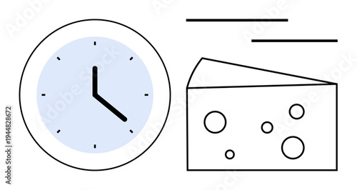 Time management, food schedules, gastronomy, meal planning, lifestyle balance, productivity. A clock and a cheese slice drawn in simple geometric shapes. Time management and food schedules concept