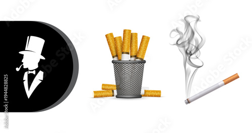 A graphic illustration of a man smoking a cigarette next to a trash can full of cigarettes