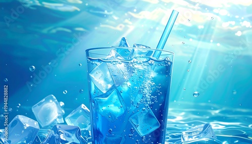 A refreshing glass of blue liquid with ice cubes underwater