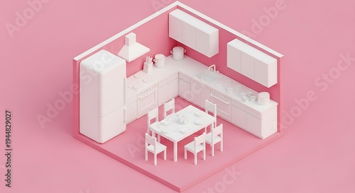 3D Rendering of Modern Minimalist Kitchen Interior.