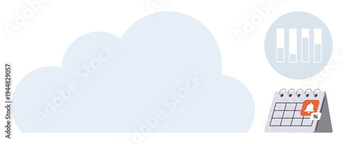 Cloud computing, data analysis, scheduling, time management, notifications, productivity. A cloud with a calendar alert and analytics chart. Cloud computing and data analysis concept