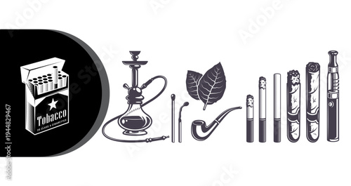 A collection of smoking related items including a hookah and various tobacco products