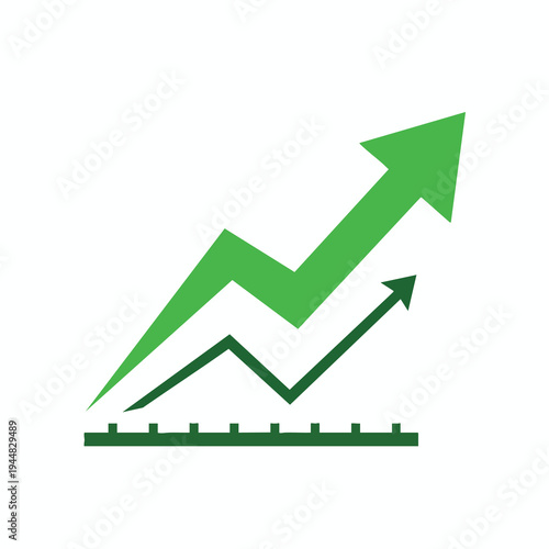 Two green arrows ascend diagonally on a minimalist graph indicating growth