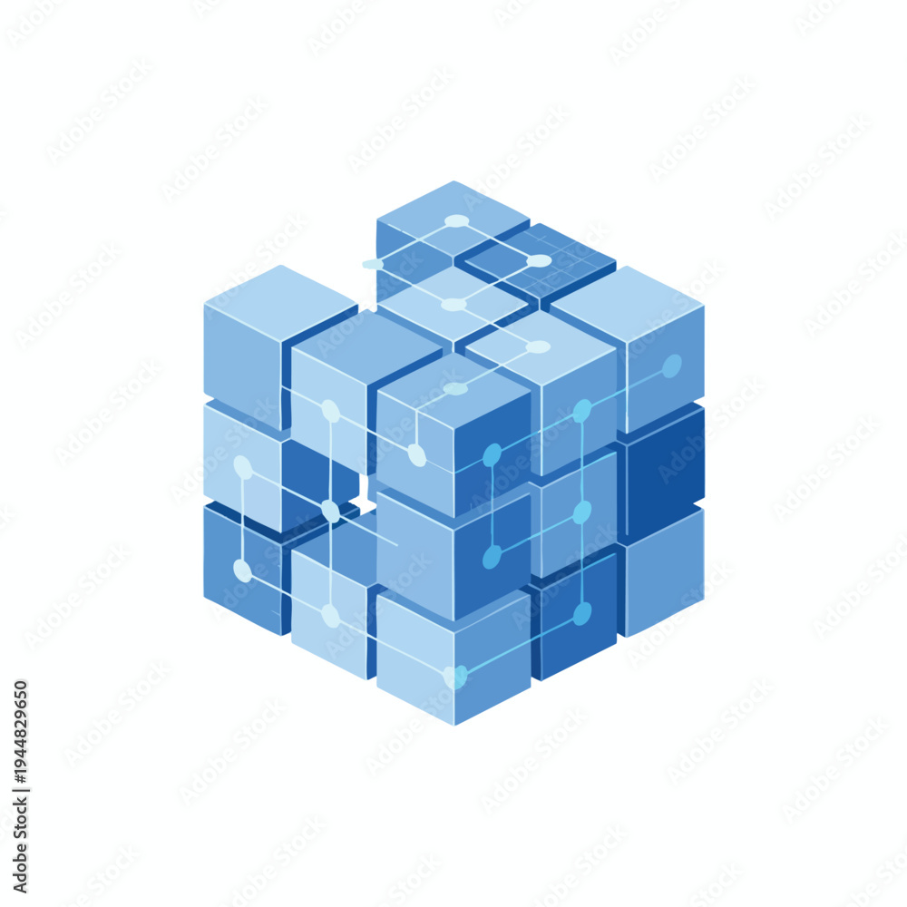 Obraz premium Abstract 3D cube of connected blue blocks, light white background