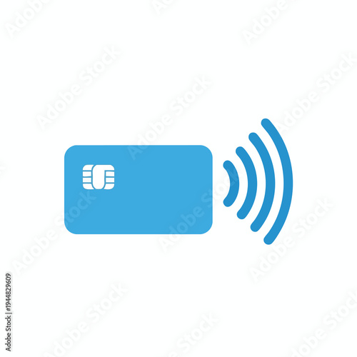 A blue card with a chip and signal waves indicating contactless payment