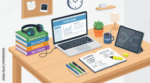 Organized Desk Setup with Laptop, Books, and Study Materials for Remote Learning and Productivity