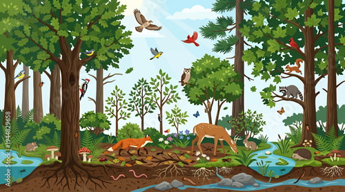 A vibrant forest ecosystem teeming with diverse flora and fauna, showcasing the interconnectedness of life above and below ground