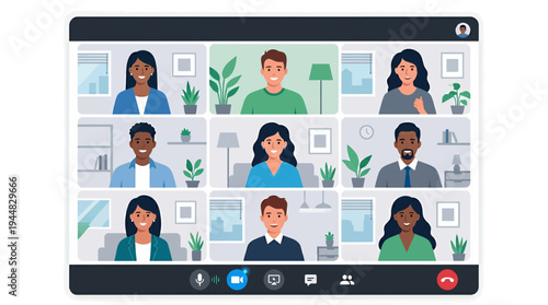 Remote team collaborating on a video conference call, featuring diverse participants in a grid layout