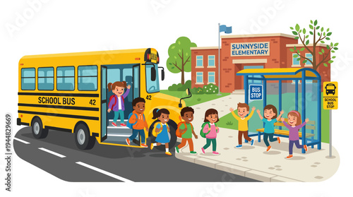 Diverse group of cheerful children disembarking a school bus and heading towards Sunnyside Elementary school