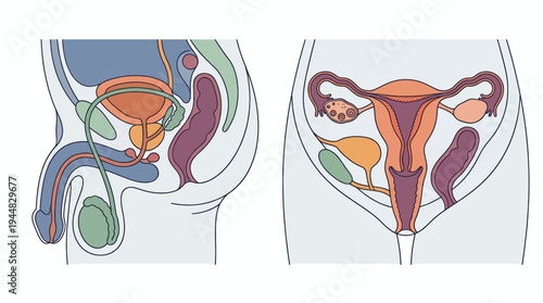 Anatomical illustration comparing male and female reproductive systems