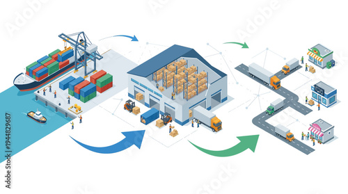 Logistics and supply chain management illustration showing a global network of transportation and storage