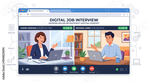 Remote digital job interview with applicant and recruiter in video call interface