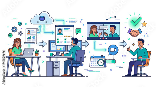 Flat vector illustration of e-learning environment with people collaborating remotely and studying online
