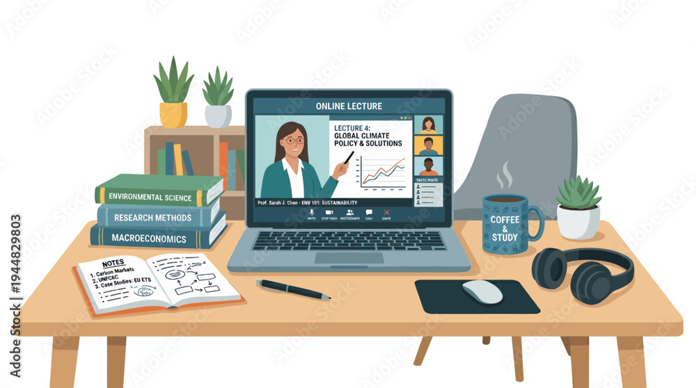 Fototapeta premium Online education and remote learning concept with a laptop displaying a lecture and study materials on a desk
