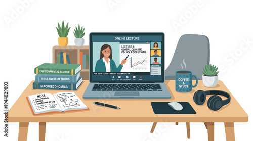 Online education and remote learning concept with a laptop displaying a lecture and study materials on a desk