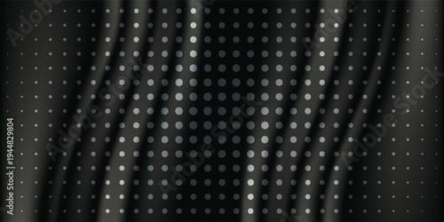 Abstract background with luxury black silk fabric with gold glitter. Texture of elegant dark cloth with gold shine, smooth satin drapery surface, vector realistic illustration