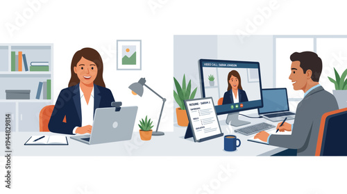 Flat vector illustration of remote team video conference with people working from home and an office