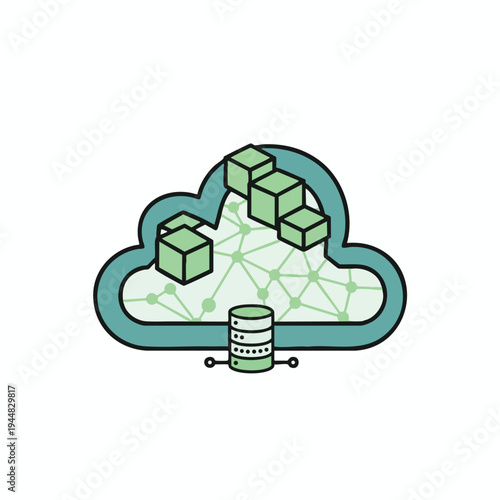 Abstract cloud with interconnected nodes, cubes, and server stack icon