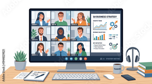 Diverse team collaborating remotely via video conference for business strategy and growth presentation