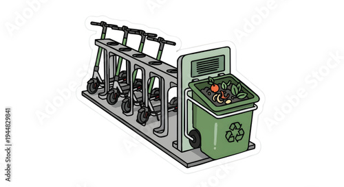 Bicycle repair station with recycling bin on white background