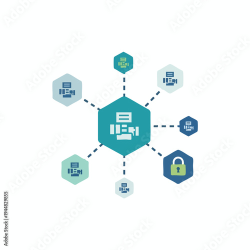 A central hub hexagon connects to six other hexagons, some with icons, one a lock