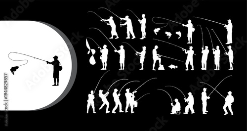 A collection of white silhouettes of people fishing on a black background with a single black silhouette on a white background