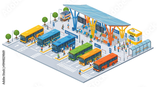 Isometric urban bus terminal with several city buses lined up at a vibrant station, showcasing public transportation and passenger activity