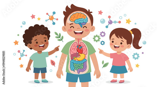 Educational illustration depicting a happy boy with his internal organs visible, surrounded by diverse children pointing and stars symbolizing learning about human anatomy