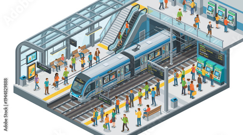 Isometric view of a busy train station with passengers, an escalator, and a modern train on the tracks, illustrating urban transit