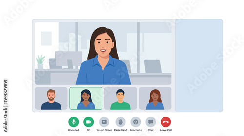 Modern online job interview scene with diverse candidates participating in a video conference call