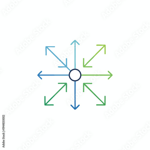 Abstract radial pattern of blue and green arrows emanating from a dark circle