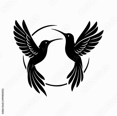 Two Hummingbirds Flying Circular Silhouette Elegant Bird Nature Design