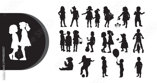 A collection of black and white silhouettes of children playing and engaging in various activities