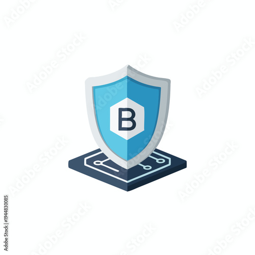 Blue shield with a B symbol on a circuit board, symbolizing security