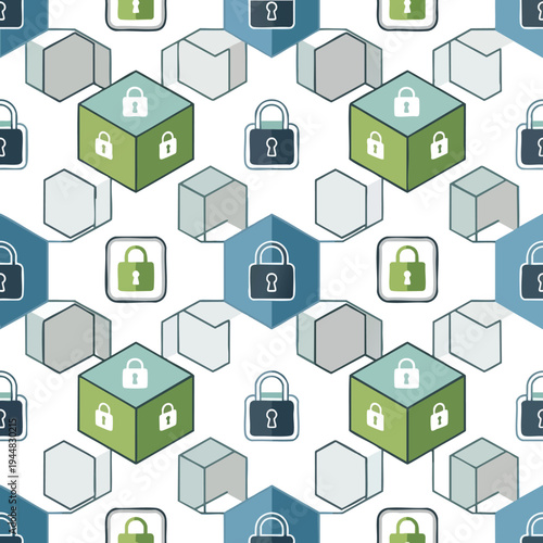 Isometric pattern of interconnected geometric shapes with lock icons